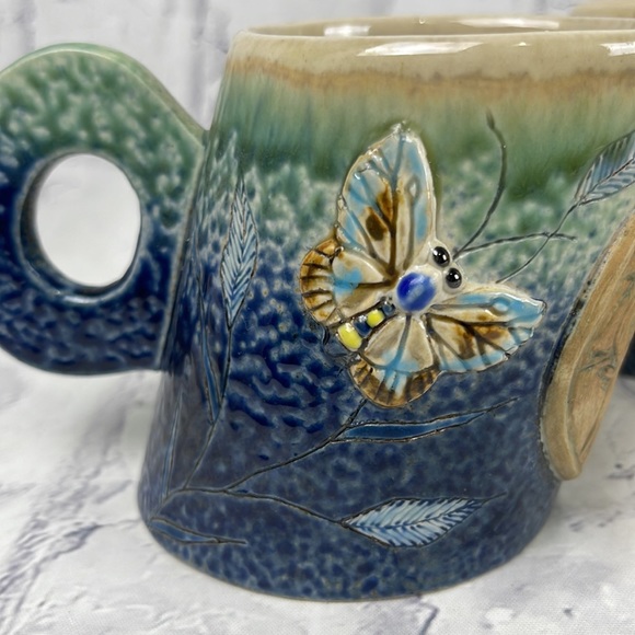 F Widayanto Slanted Ceramic Mugs Set of 4 Artisan Made Ceramic Butterfly Design - Picture 3 of 10